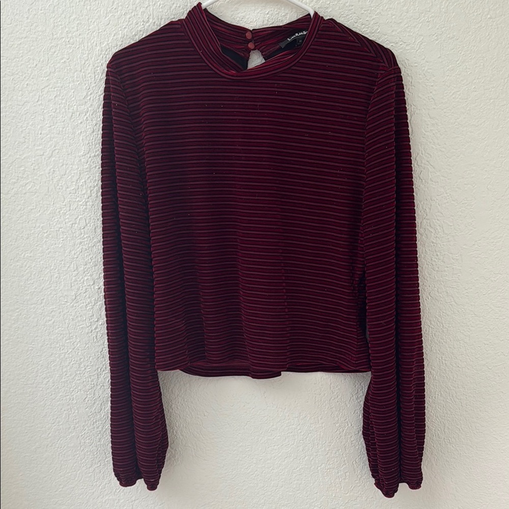 LULU Red Ribbed Cut Out Blouse with High Collar